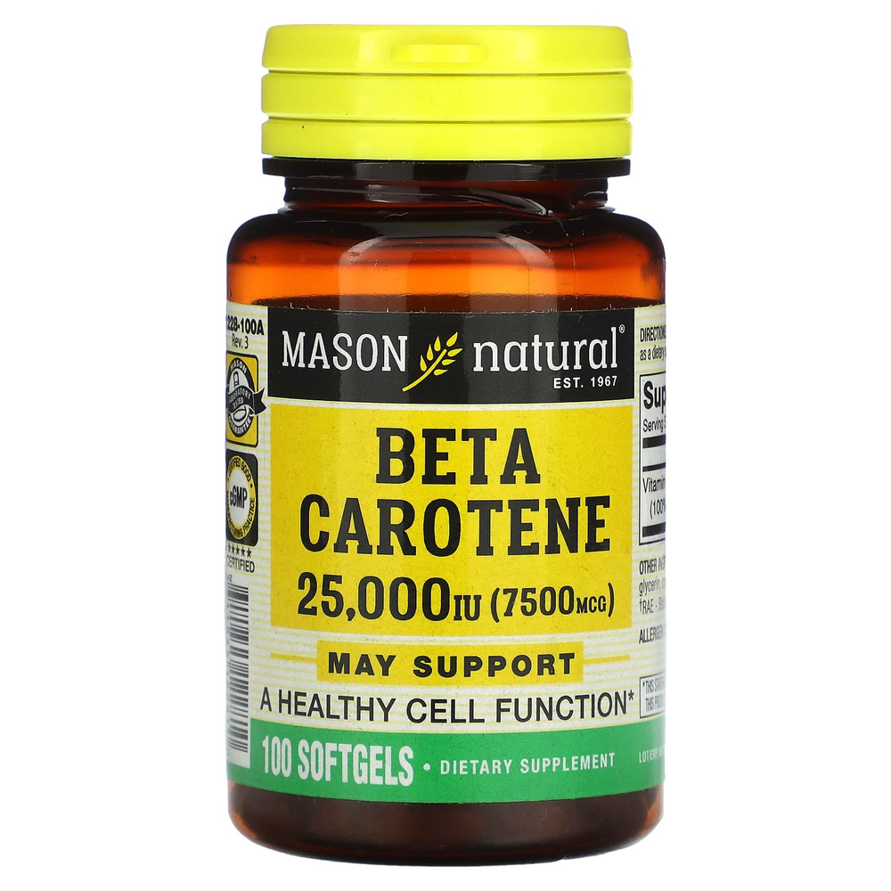 Mason Natural, Бета-каротин, 7500 мкг (25000 МЕ), 100 мягких таблеток