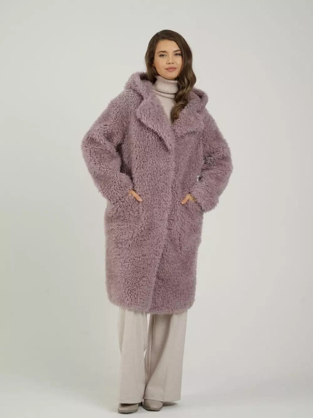 Шуба из овечьей шерсти чебурашка тедди, сиреневый, SilverFox