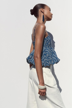 ZARA ТОП С ПРОРЕЗИНЕННОЙ АЖУРНОЙ ВЫШИВКОЙ, ТЕМНО-СИНИЙ/БЕЛЫЙ