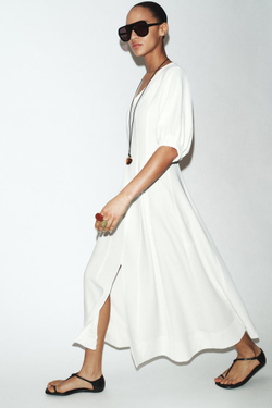 ZARA ПЛАТЬЕ МИДИ С ОБЪЕМНЫМИ РУКАВАМИ, ЖЕЛТОВАТО-БЕЛЫЙ