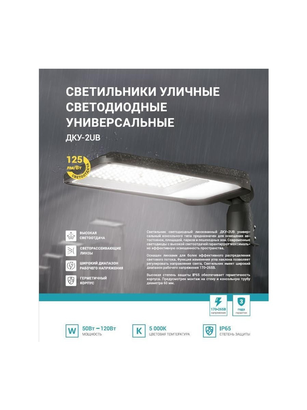 Светильник уличный линзованный светодиодный ДКУ-2UB 120Вт 230В 5000К 15000лм 125лм/Вт универсальный IP65 NEOX 4690612057439