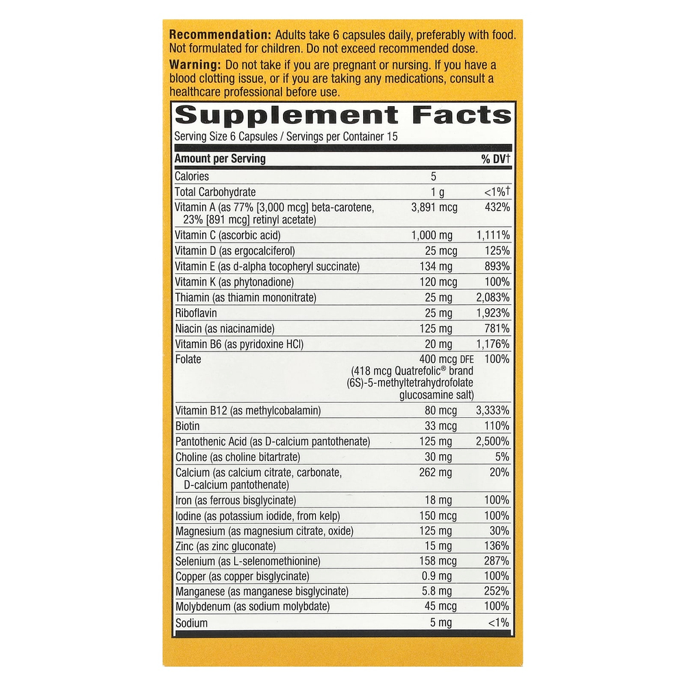 Nature's Way, Alive! ® Max 6 Potency, полный мультивитаминный комплекс для взрослых, с железом, 90 капсул