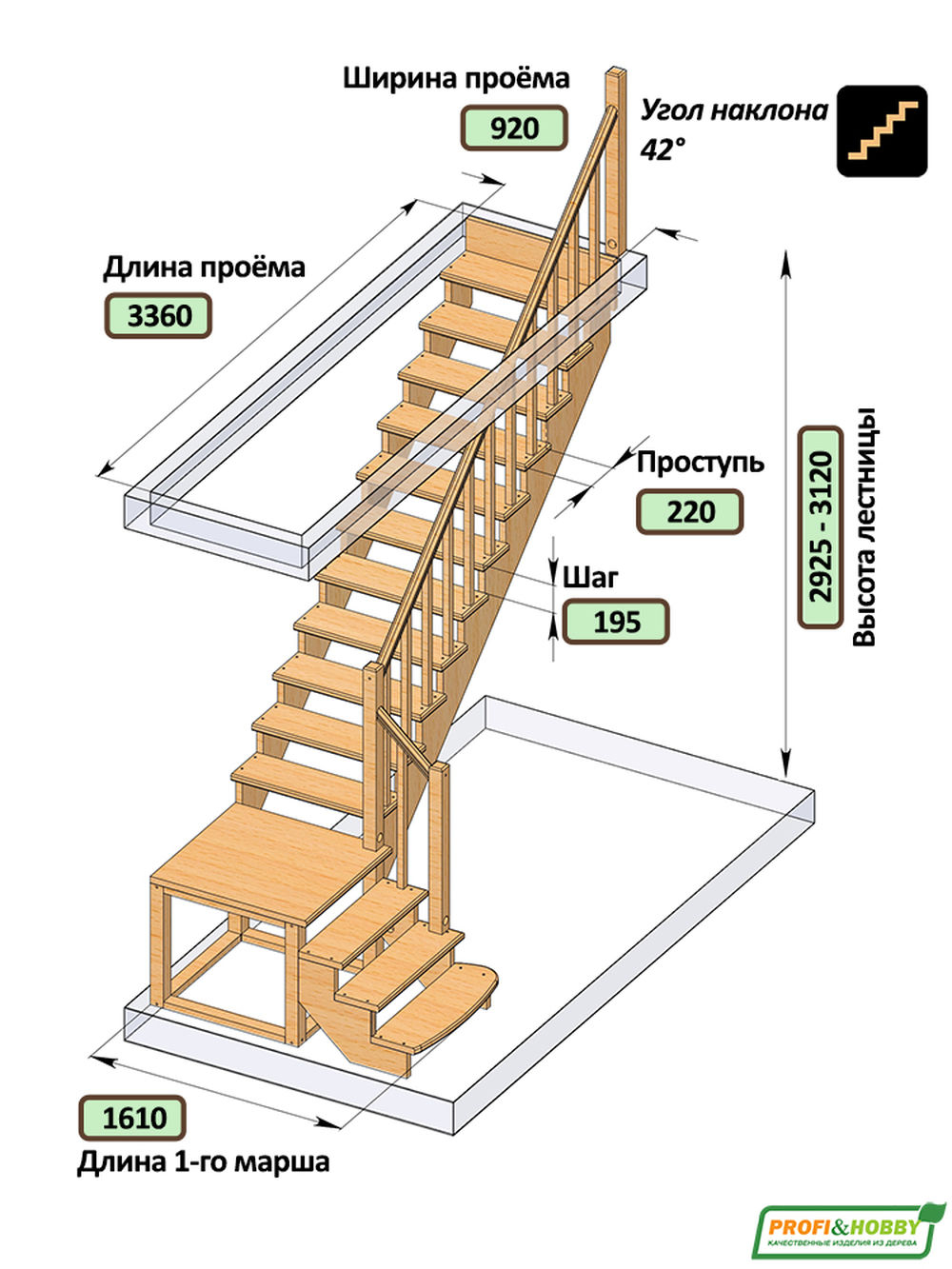 Лестница на второй этаж К-002м/1 Правая c подступенками