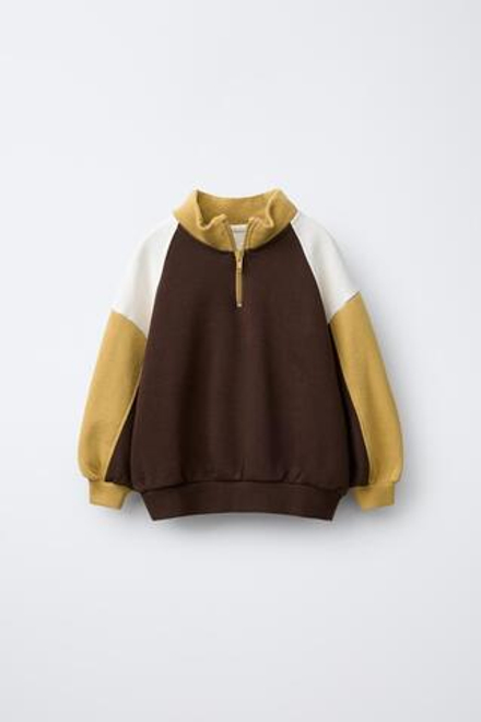 ZARA ТОЛСТОВКА В СТИЛЕ КОЛОР-БЛОК С ВЫШИТОЙ НАДПИСЬЮ, КОРИЧНЕВЫЙ