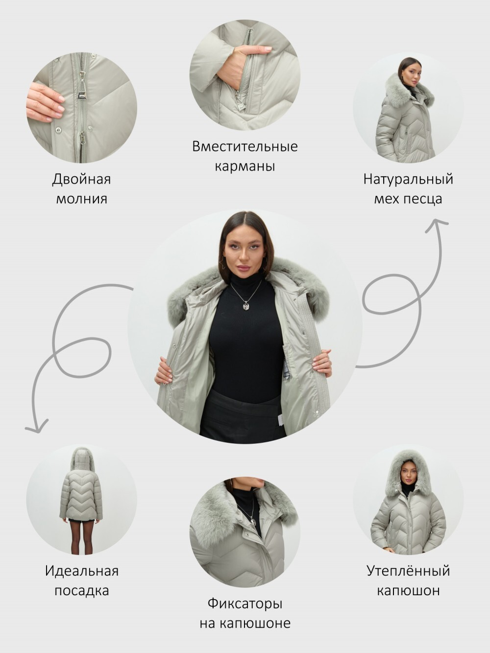 Куртка зимняя женская с мехом и капюшоном тренд светло-зеленого цвета 7759ZS