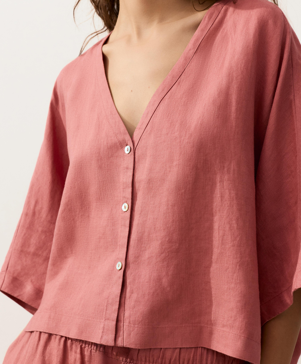 Oysho Рубашка с коротким рукавом из 100% льна, коралловый