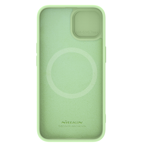 Чехол с шелковистым покрытием зеленого цвета (Mint Green) от Nillkin для iPhone 15, серия CamShield Silky Magnetic Silicone Case (поддержка беспроводной зарядки MagSafe)