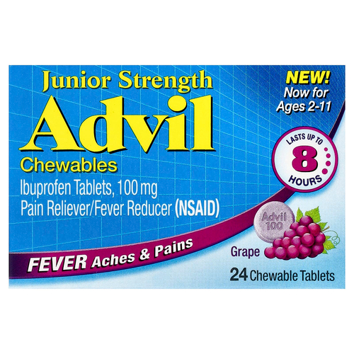 Advil, Junior Strength, ибупрофен в таблетках, для детей от 2 до 11 лет, со вкусом винограда, 100 мг, 24 жевательных таблетки
