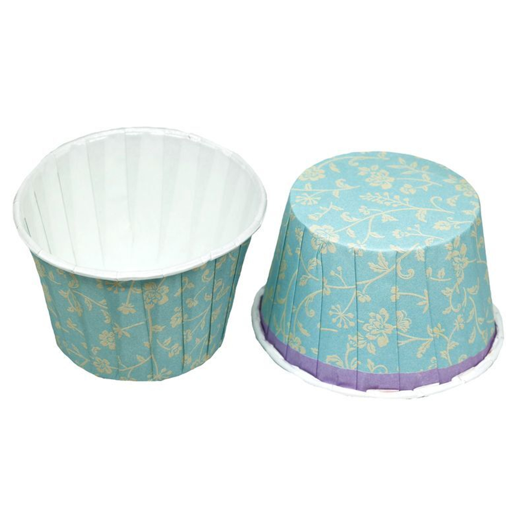 Формы бумажные с ламинацией «Маффин» 50х40 мм (Голубой с белыми цветами) 100 шт