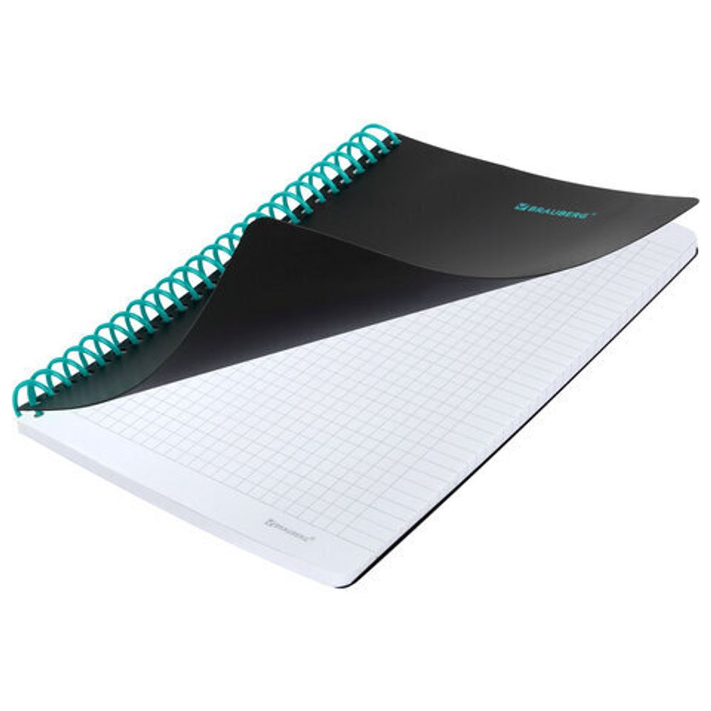 Тетрадь обложка пластик, А5 80 л., спираль пластик, резинка, клетка, BRAUBERG, черный/синий, 405385