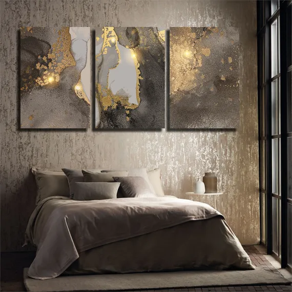 Модульная картина "Серый и золотой мрамор"
