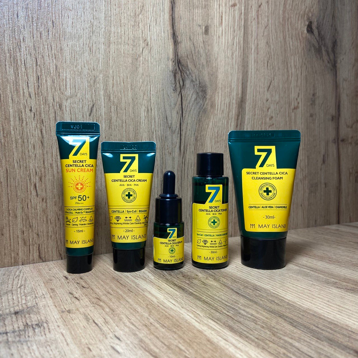 Набор для ухода за лицом May Island 7 Days AHA-BHA-PHA Secret Centella Cica Mini Kit Set с кислотами и экстрактом центеллы азиатской (тонер, сыворотка, крем, крем SPF50+ PA+++, пенка для умывания)