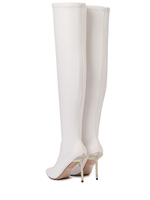 Женские белые ботфорты из кожи на молнии со стразами