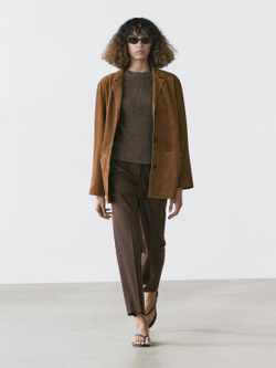 Massimo Dutti Замшевый блейзер с лацканами, коричневый