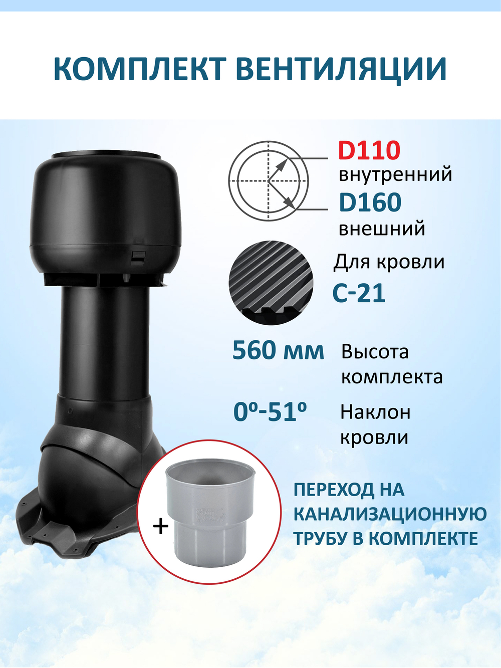 Комплект вентиляции: колпак D160, вент. выход утепленный высотой Н-500 с переходом D110, для кровельного профнастила С-21 мм