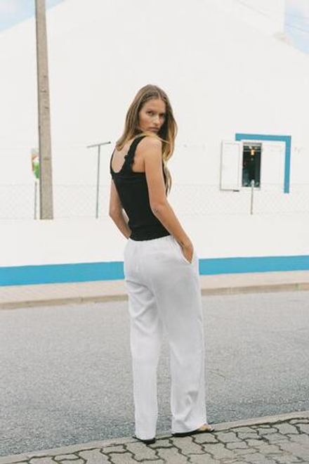 ZARA БРЮКИ ПРЯМОГО КРОЯ ИЗ СМЕСОВОГО ЛЬНА, ЖЕЛТОВАТО-БЕЛЫЙ