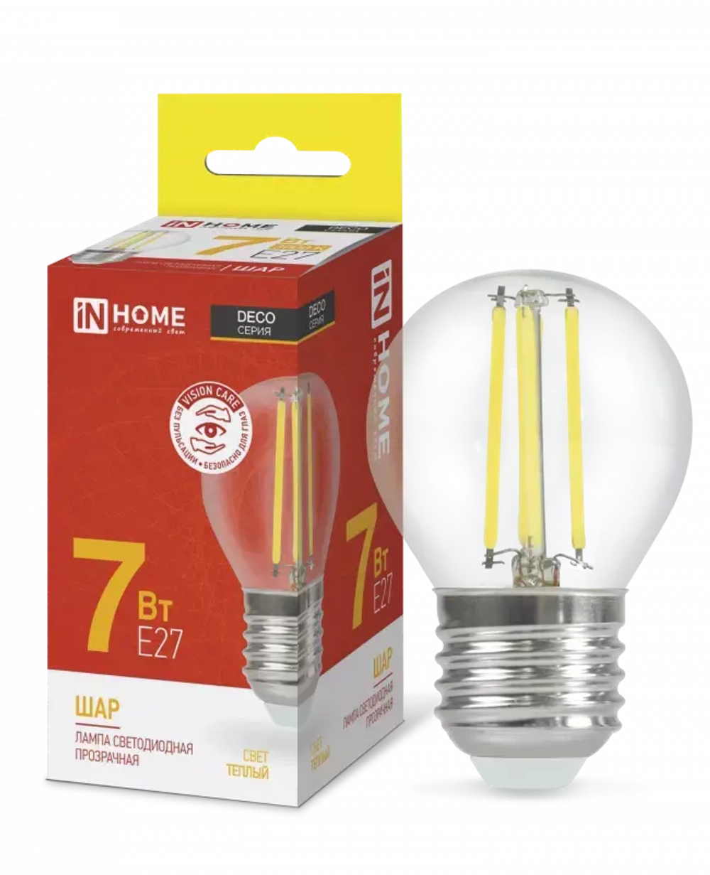 Лампа светодиодная LED-ШАР-deco 7Вт 230В Е27 3000К ТЕПЛЫЙ 810Лм прозрачная IN HOME