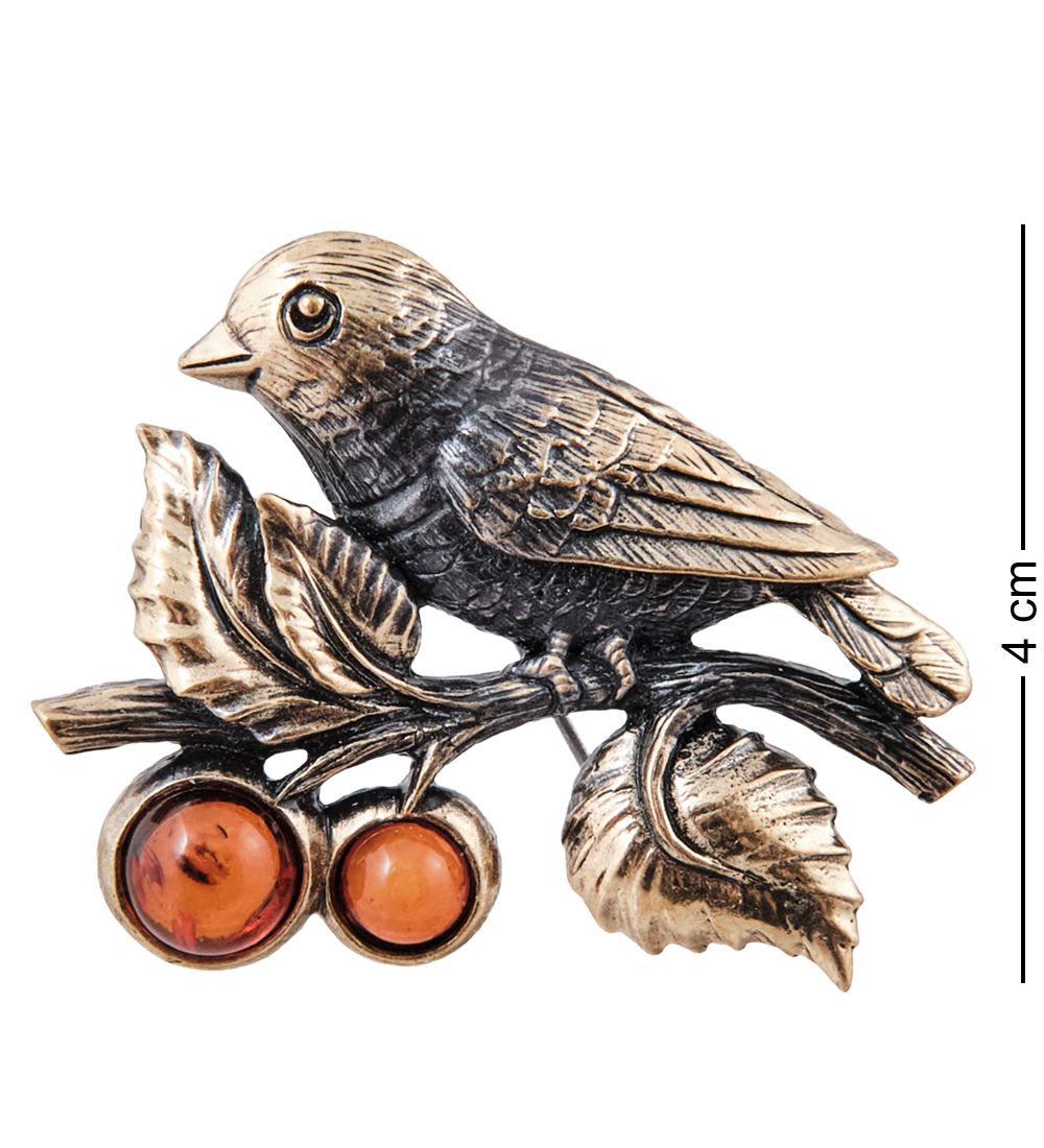 AM-3943 Брошь «Птичка с ягодками» (латунь, янтарь)
