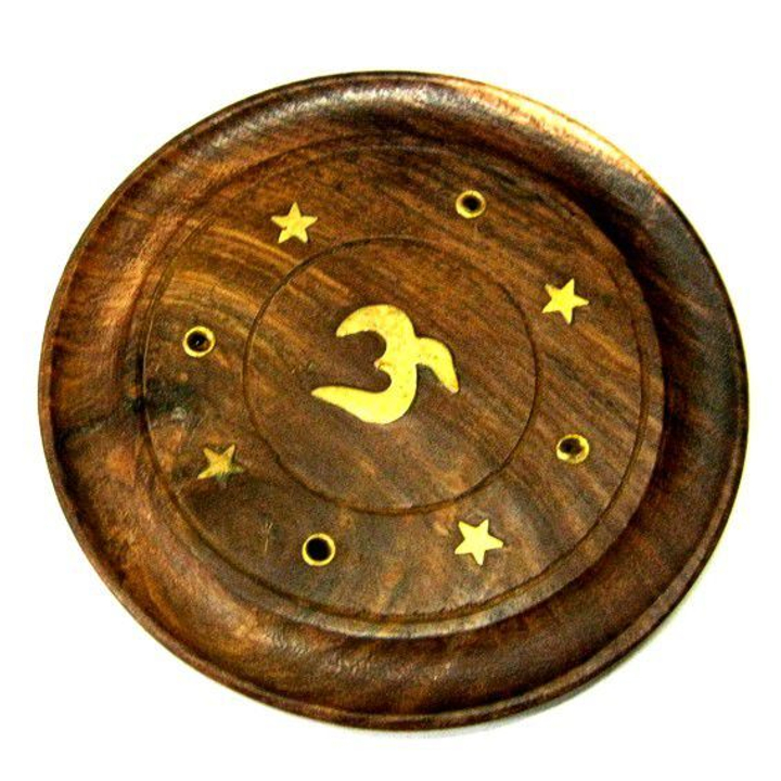 Подставка под благовония Ом индийский, круглая, дерево, латунь 10 см