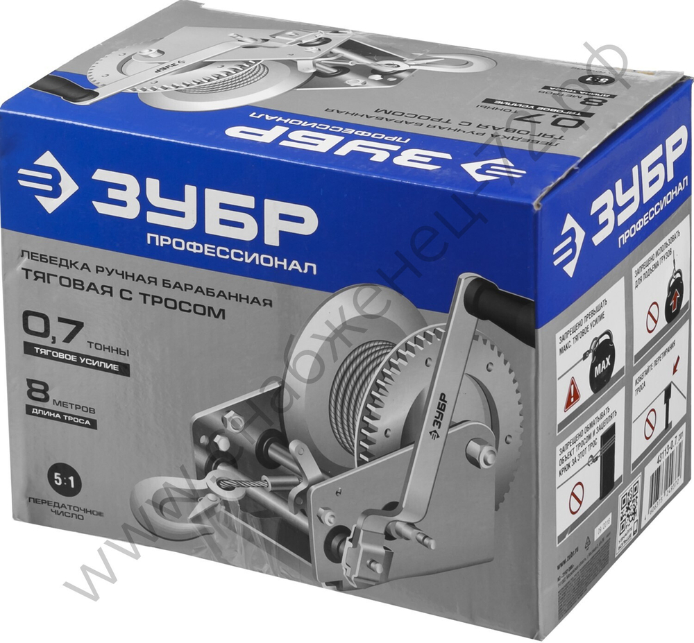 ЗУБР 0.7 т, 8 м, ручная барабанная тяговая тросовая лебедка, Профессионал (43113-0.7)