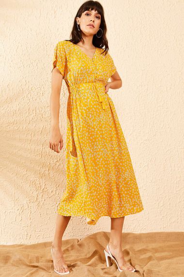 Qadın üçün beli ipli, güllü don, sarı 10091006