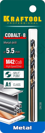 KRAFTOOL COBALT 5.5 х93мм, Сверло по металлу HSS-Co(8%) , сталь М42(S2-10-1-8)