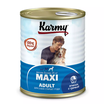 Karmy Макси Эдалт Полнорационный консервированный корм для взрослых собак крупных пород с Ягненком и гречкой, 850 гр