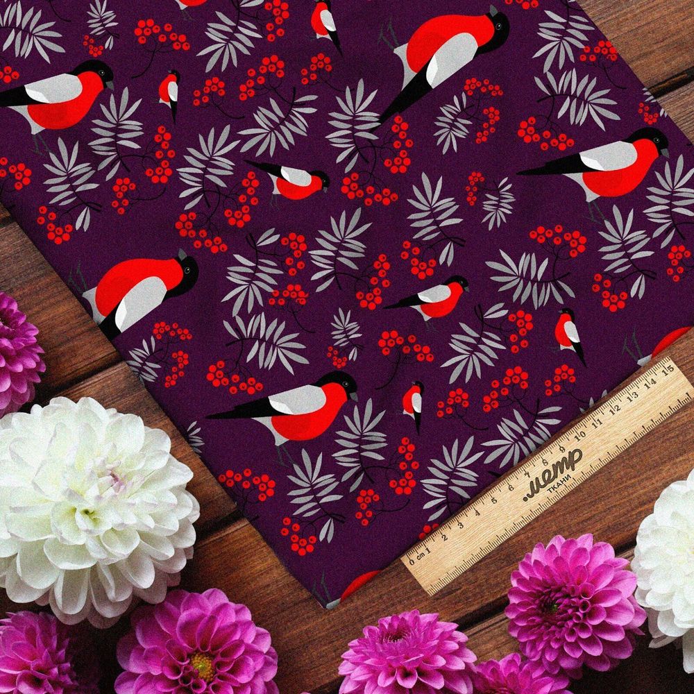 Ткань мембрана снегири с ветками рябины