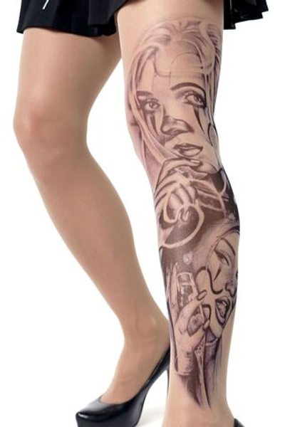 Колготки +size с имитацией тату в виде клоунесс (Размер: XL-XXL-XXXL) (Цвет: бежевый)