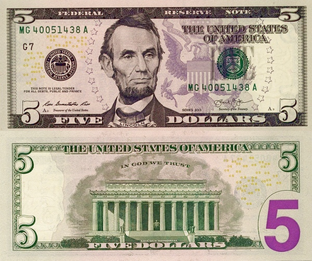 США 5 доллара 2013 Мемориал Линкольна Сан-Франциско UNC