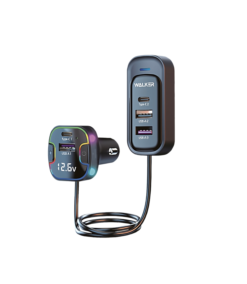 Автомобильное зарядное устройство WALKER WCR-75,100Вт, с удлинит 1.5м, Type-Cx2, USBx3, QC+PD,черное