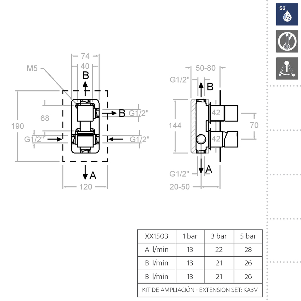 Встраиваемый смеситель для душа на 3 выхода KUATRO 471503S