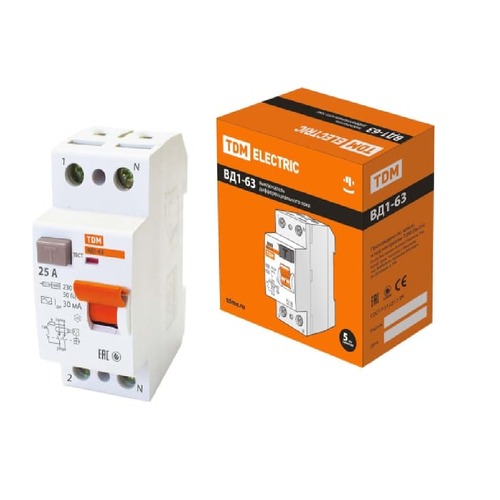 TDM Устройство защитного отключения УЗО ВД1-63 2Р 25А 30мА SQ0203-0008