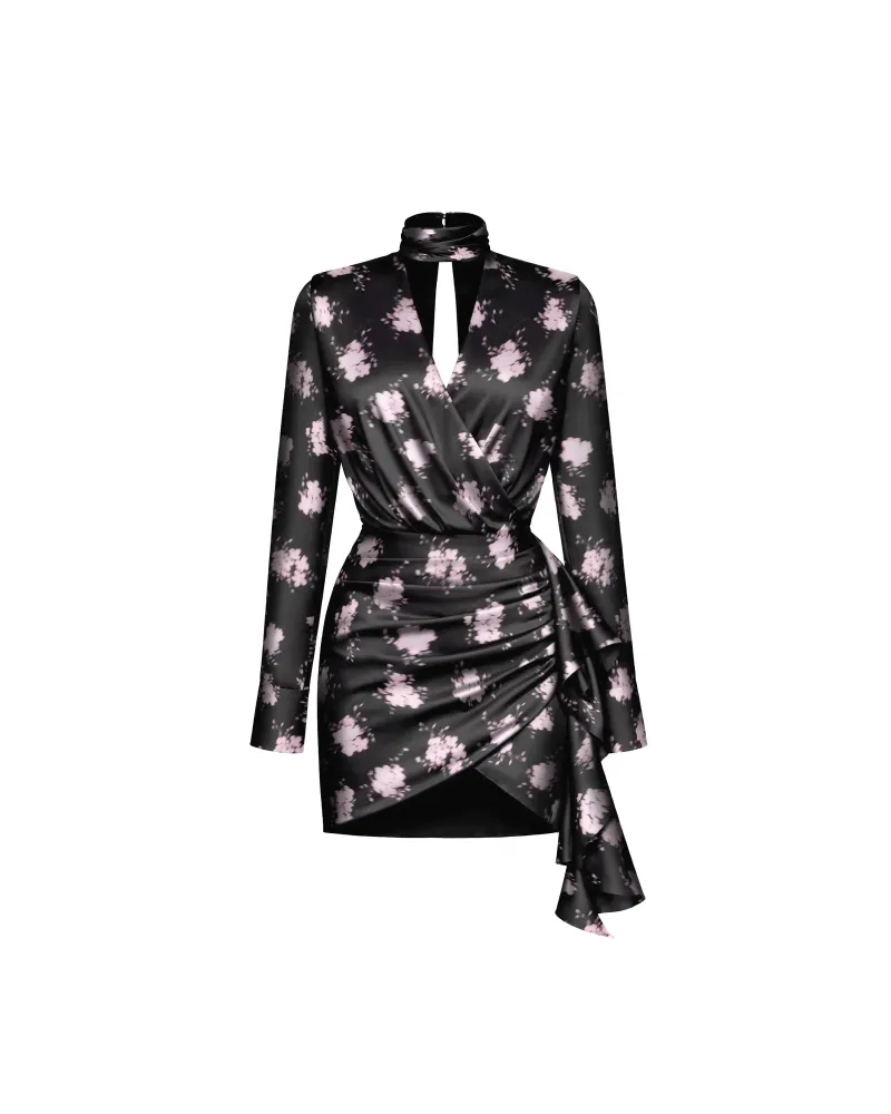 Леа мини (Leah mini), платье мини из черного атласа с цветочным принтом