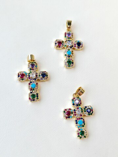 456-цз Подвеска "Крест" с квадратными фианитами 26*18мм, микс цветов, позолота