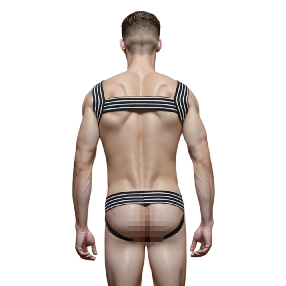 Мужской костюм "Гладиатор" 2 в 1: портупея и джоки черный в белую полоску LaBlinque LB15700