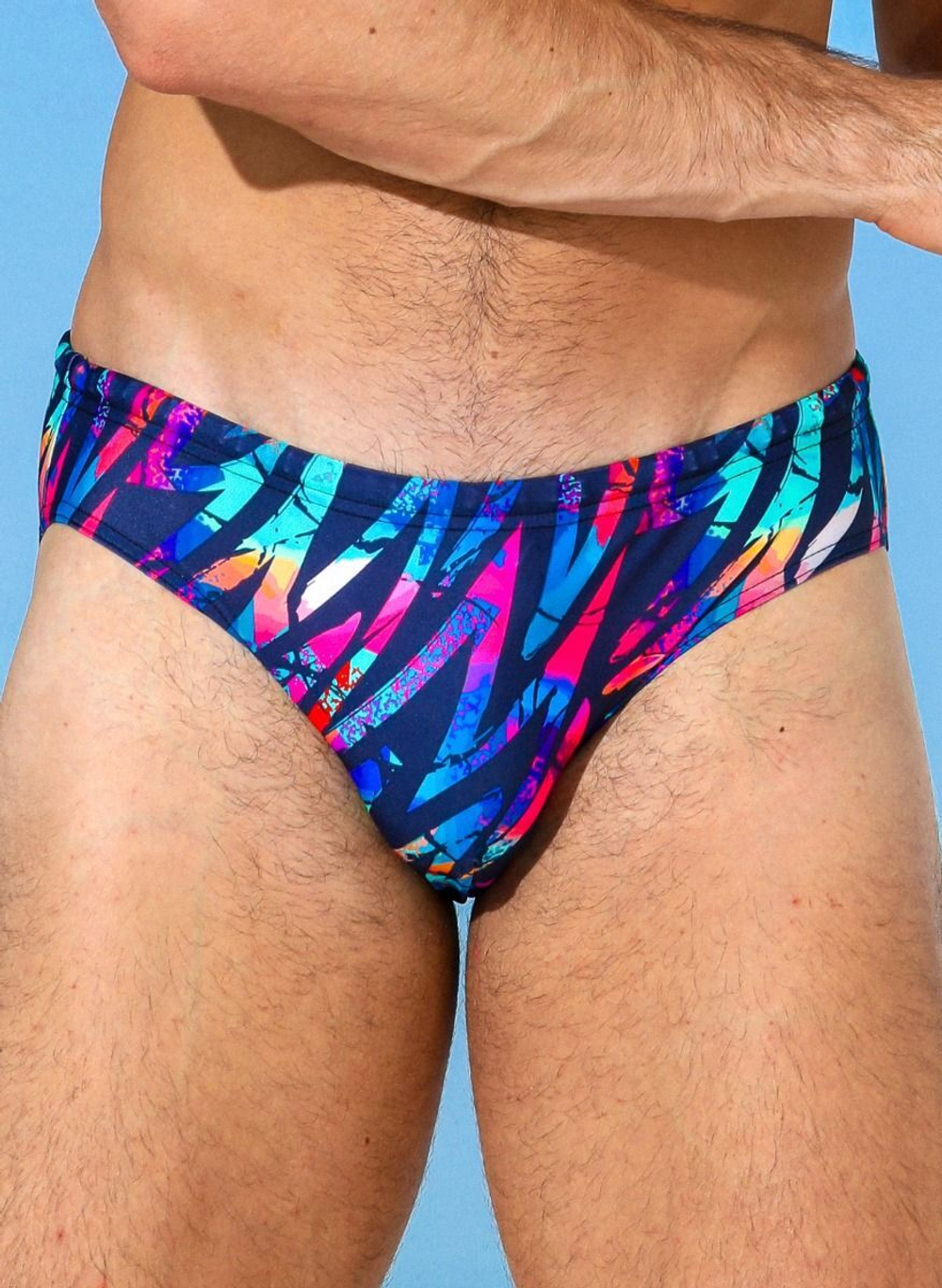 Синие мужские плавки +size с яркими цветными зигзагами (Размер: 5X) (Цвет: разноцветный)