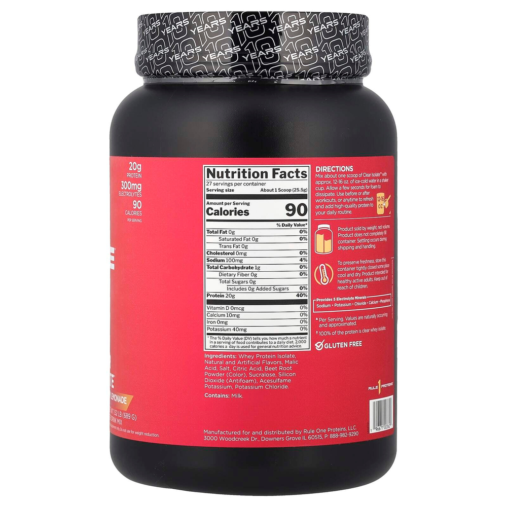 Rule One Proteins, Clear Isolate ™, клубничный лимонад, 689 г (1,52 фунта)