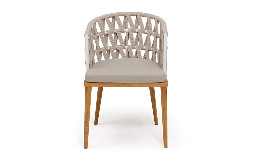 "Диего" стул плетеный из роупа, основание дуб каркас из стали белый муар, роуп бежевый круглый, ткань бежевая 052