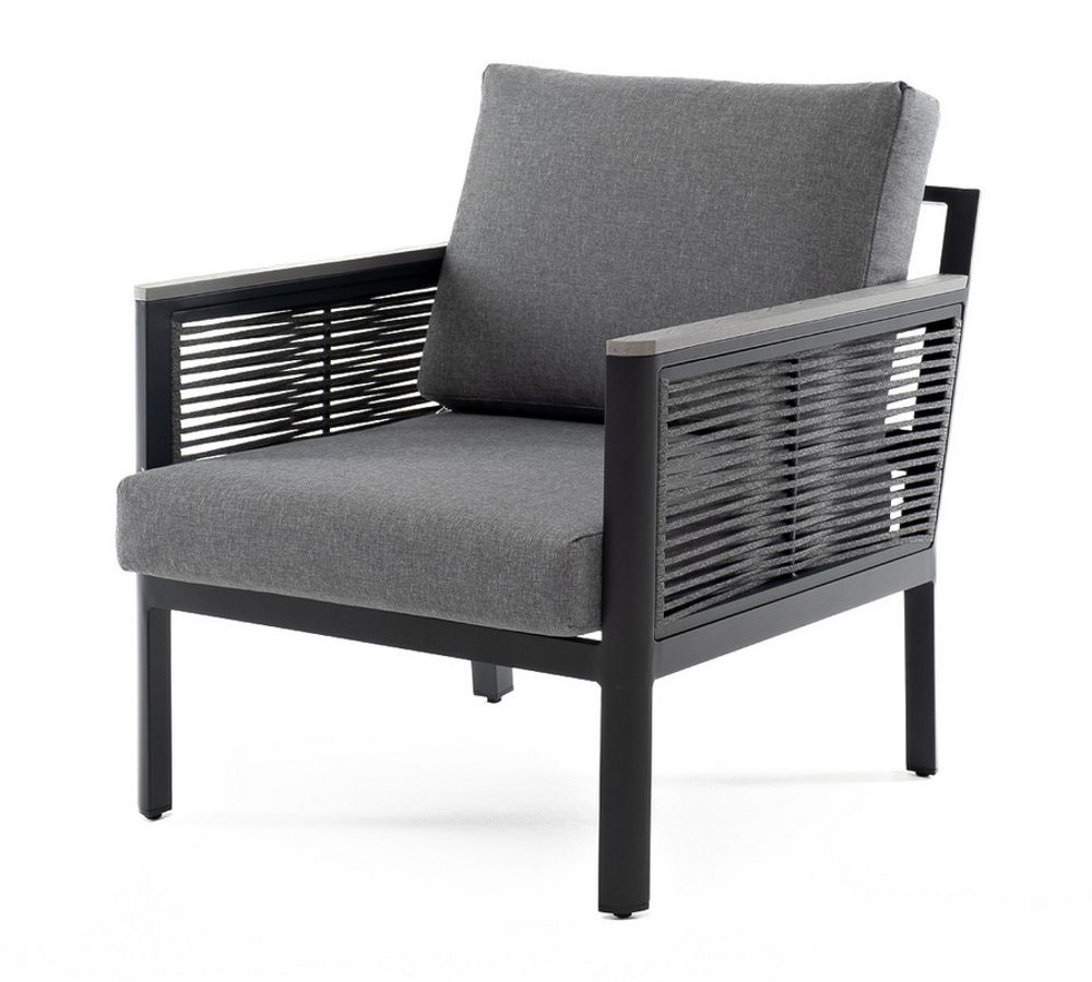 "Сан Ремо" кресло плетеное из роупа садовое, каркас алюминий темно-серый, роуп серый, ткань серая