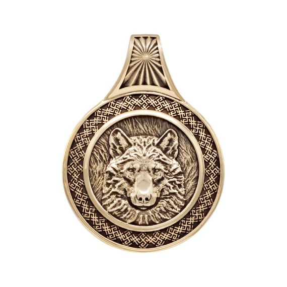 Оберег с символом Велеса и волком большой - подвеска из бронзы, фото 1