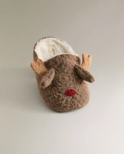 ZARA HOME УЮТНЫЕ ДЕТСКИЕ ТАПОЧКИ С ИЗОБРАЖЕНИЕМ "ОЛЕНЯ", КОРИЧНЕВЫЙ