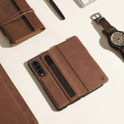 Кожаный чехол коричневого цвета для Samsung Galaxy Z Fold 4 5G, серия Aoge Leather от Nillkin (с эластичным карманом для хранения S-pen)