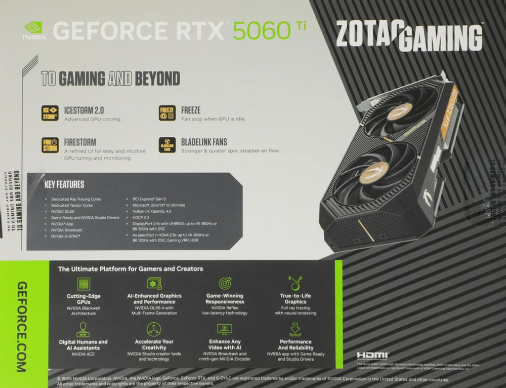 Видеокарта Zotac NVIDIA  GeForce RTX 5060TI RTX 5060TI 8GB AMP 8ГБ AMP, GDDR7, Ret [zt-b50610f-10m]