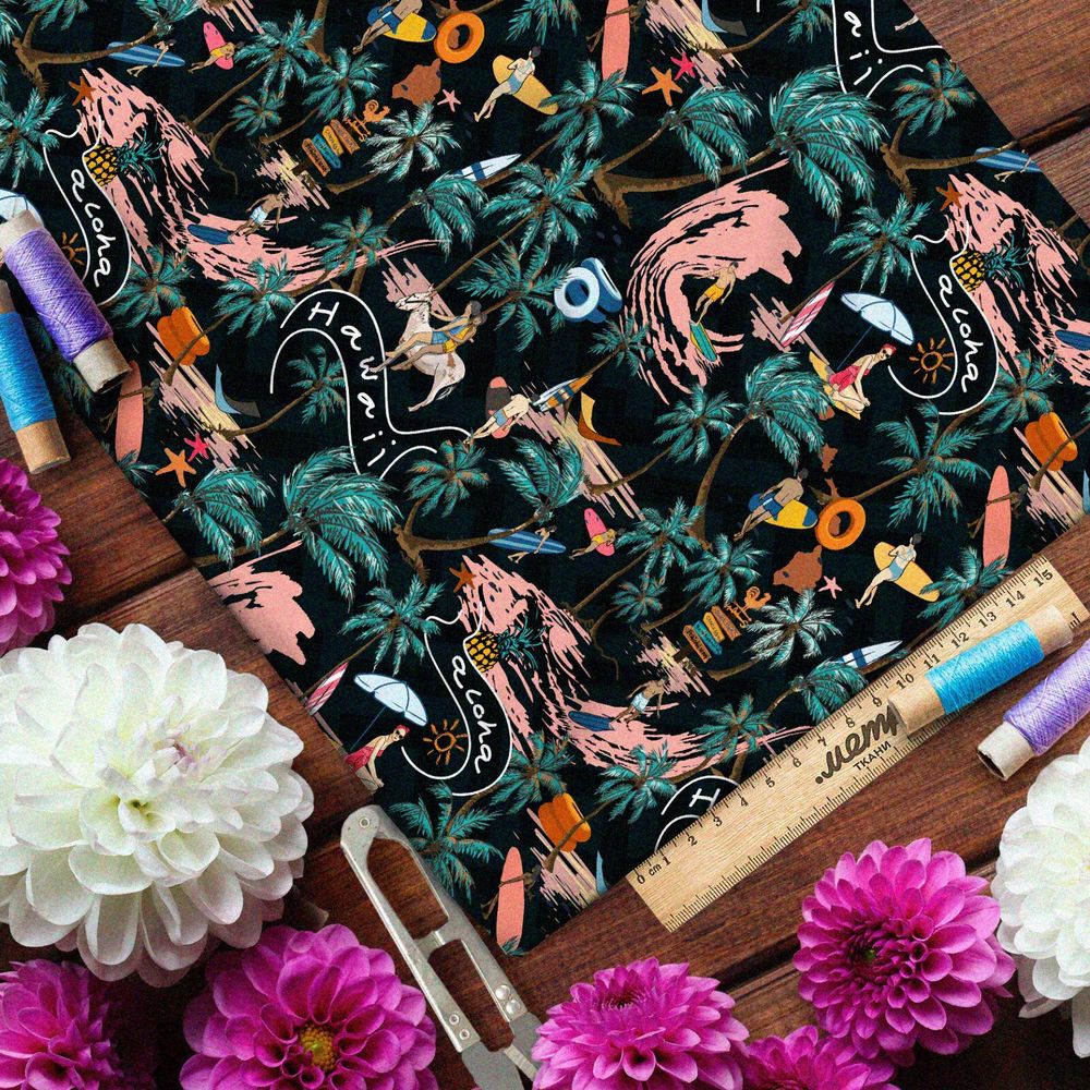 Ткань бифлекс сёрфинг, пальмы и волны на чёрном фоне