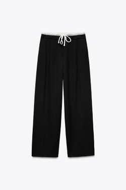 ZARA БРЮКИ WIDE LEG С ДВОЙНЫМ ПОЯСОМ, ЧЕРНЫЙ