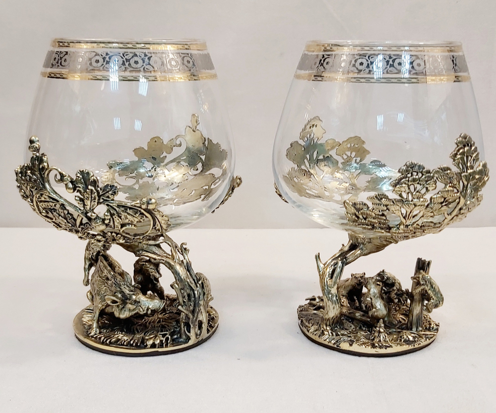 Набор из 2-х бокалов для коньяка "Охота на вепря и Мишки на дереве" (подарочный футляр)