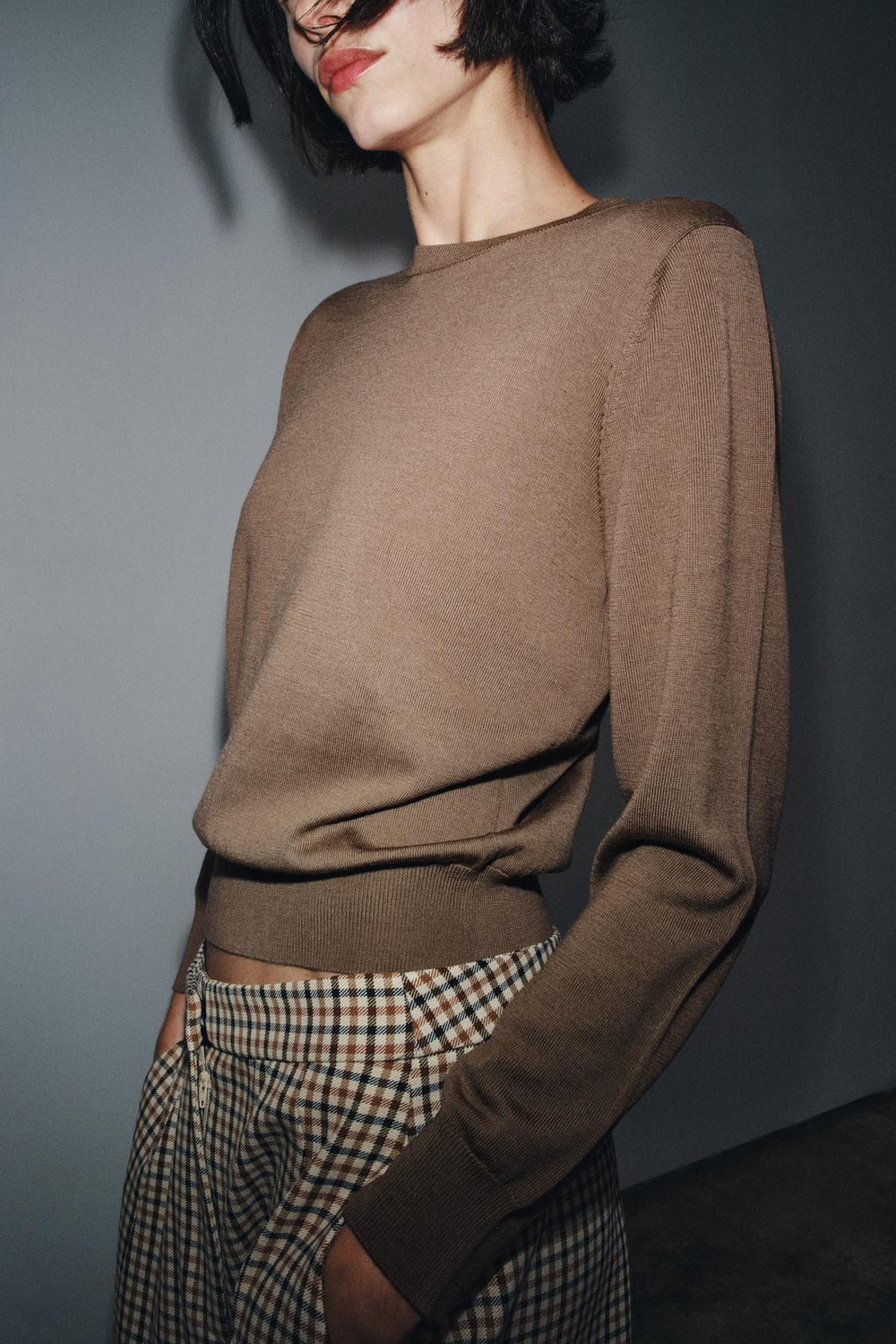 ZARA ДЖЕМПЕР ИЗ 100% ШЕРСТИ ГЛАДКОЙ ВЯЗКИ, СВЕТЛО-КОРИЧНЕВЫЙ