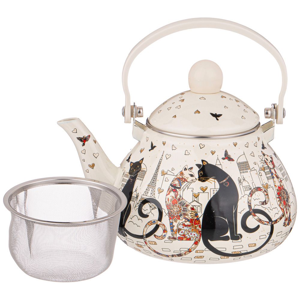 ЧАЙНИК AGNESS ЭМАЛИРОВАННЫЙ СО СЪЕМНЫМ ФИЛЬТРОМ ИЗ НЖС, СЕРИЯ"ПАРИЖСКИЕ КОТЫ" 1,3 Л.