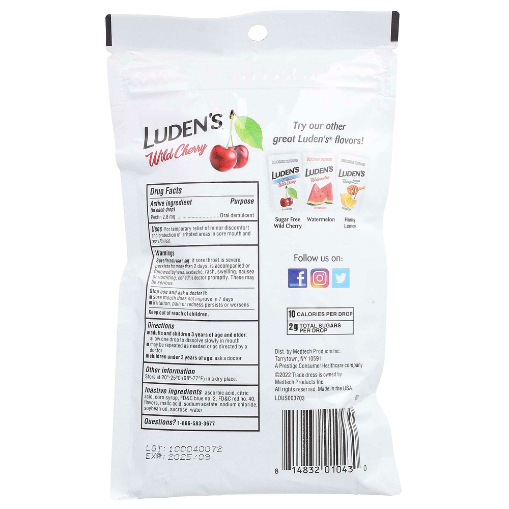 Luden's, Леденцы с пектином, успокаивающее средство для полости рта, дикая вишня, 30 леденцов для горла